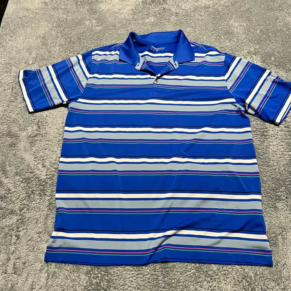 Nike Golf Polo Shirt Mens Large Blue Striped Performance Dri Fit